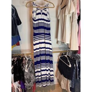 MILLY Design Nation Dress Blue‎ White Stripe Halter Maxi Tie Back Size Medium